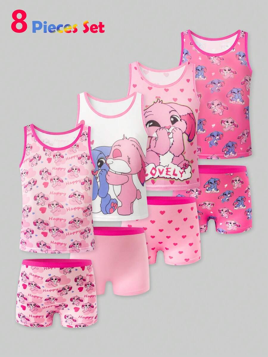 4pcs/8pcs Young Girls Rabbit & Heart Print Cute Simple Sweet Basic Camisole + Briefs Set, Suitable For Inner & Outer Wear - Multicolor - View 1