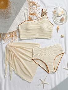 女士三件套泳衣：吊带上衣、短裤和围裙，米色，撞色滚边，纹理面料 - 米色 - 查看 1