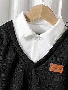 Young Boy Black Letter Textured Fleece & White Woven Fabric Splice,2 In 1 Sweatshirt,Korean Fashion,Autumn,Career Day,Back-To-School,Leather Patch - Black - View 5