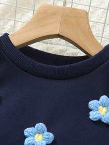 Elladie kids 2pcs/Set Girls Korean Style Loose Floral Gray Sweatshirt With Bow Decor, Looks Like Two Pieces