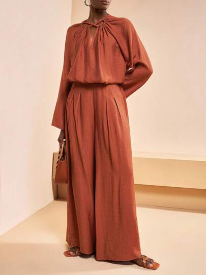 Zivah 2026 Spring/Summer New Style Casual Commuting Elegant Loose Red Brown V-Neck Twisted Collar Long-Sleeved Blouse + High Waist Wide-Leg Pant Women Two Pieces Set, Suitable For Christmas, New Year, Daily Travel, Festivals, Shopping, Travel, Brunch Clothes, Airport Clothes, Party, Dates-A