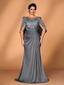Serin Elegantes, luxuriöses Meerjungfrauenkleid in Grau-Grün mit bestickter Spitze, Pailletten-Patchwork, elastischem Satinrüschenärmel, geeignet für Hochzeit, Party, Urlaub, Abschlussball, Abendrobe, Brautmutter - Grau - Übersicht 3