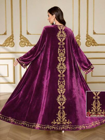 SHEIN Najma 女士大马士革图案叶子植物花卉印花长袖优雅天鹅绒长袍，适合春秋季穿着