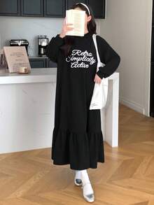 SHEIN Teen Girl College Letter Graphic Ruffle Hem Hoodie Casual Dress - Black - View 3