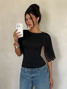 Siren Gaze Women's Bohemian Style Chiffon Knit Blouse (Black) Shawl Top Black Top Sheer Sleeve Top Cut Out Sleeve Top Cute Black Top Black Sheer Top Summer - Black - View 7