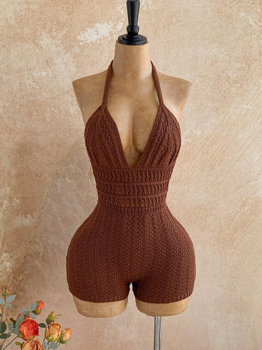 Soleia Macacão Feminino de Tricô Degradê com Decote em V Profundo e Costas Abertas, Sexy e Fashion, Adequado para Festa, Encontro, Chá da Tarde, Férias Boho, Praia - Café - Visão 1