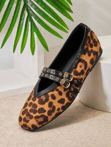 SHUZIA Giày búp bê nữ Mary Jane mũi vuông cổ chữ V bằng da lộn in họa tiết da báo, quai cài đôi – Phong cách tự tin, thoải mái và nổi bật. - Nhiều màu - Xem 7