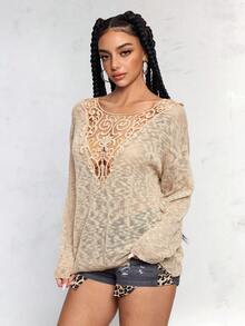 ROMWE Avant Women's Vacation Hippie Sheer Contrast Lace Knit Sweater - Khaki - View 4