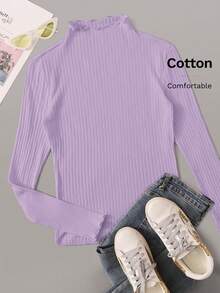 SHEIN EZwear Plus Size Women Frill Collar Ribbed Casual Versatile Long Sleeve T-Shirt, Suitable For Work And Vacation - Lilac Purple - View 7