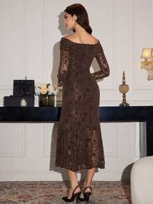 Modelyn Women's Coffee Color Lace Off Shoulder Flare Sleeve Dress, New Waist-Cinching Slimming Long Dress - Coffee Brown - View 2