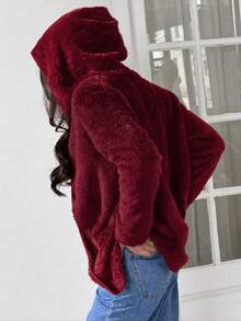SHEIN EZwear 女士酒红色双面抓绒宽松连帽外套，秋冬季休闲家居服 - 酒紅色 - 查看 2