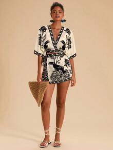 Travachic 两件套女士度假印花露脐上衣和高腰短裙，女士度假休闲套装，夏季假日服装，春假服装，派对服装，沙滩服装，春季服装，情人节，女士情人节服装，狂欢节服装，优雅，花卉，狂欢节，春夏，派对，狂欢节服装，墨西哥风情女士波西米亚风和服上衣两件套，波西米亚风两件套女士和服上衣和短裤套装，热带印花套装 - 黑色 - 查看 3