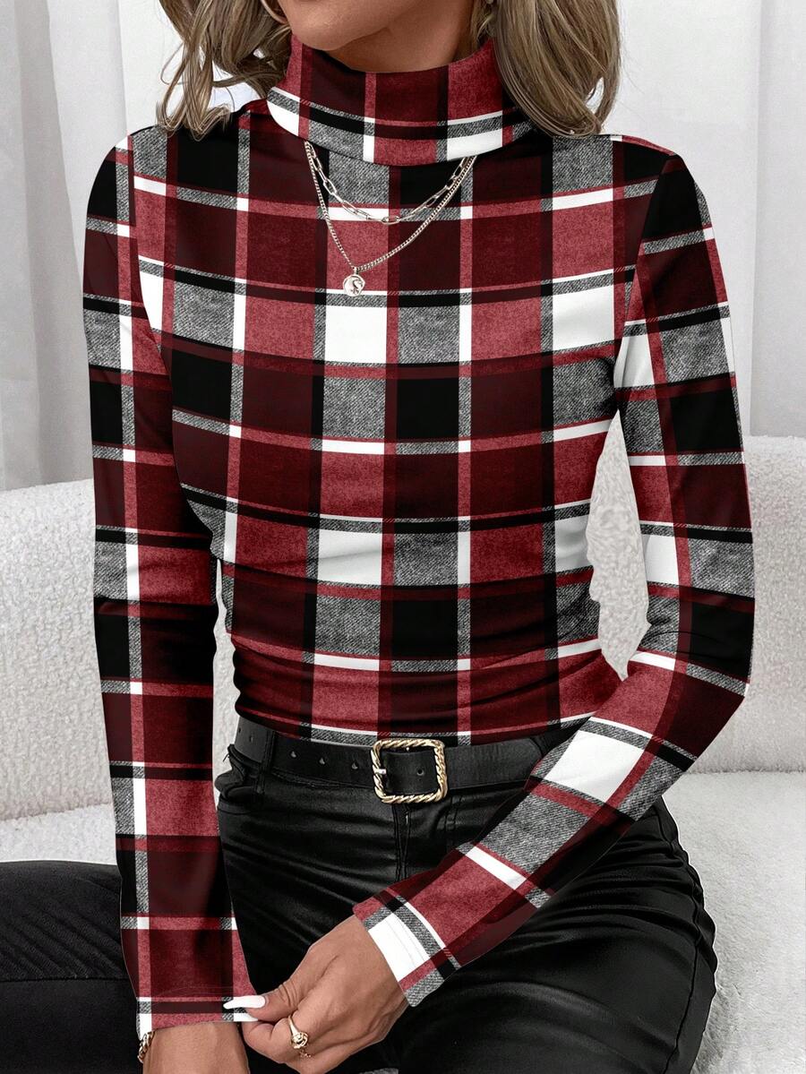 SHEIN Clasi Lässiges minimalistisches Rot, Schwarz & Weiß Karomuster Allover-Muster Damen Rollkragen Langarm T-Shirt, geeignet für Herbst/Winter, Retro-Stil, vielseitig - Verschiedenfarbig - Übersicht 1
