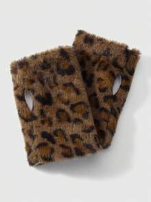 ROMWE Goth 1双Y2K时尚独特甜美酷炫复古高品质保暖仿兔毛豹纹虎纹长袖露指手套套装，适合女性日常穿搭和节日礼物 - 黃棕色-5 - 查看 6