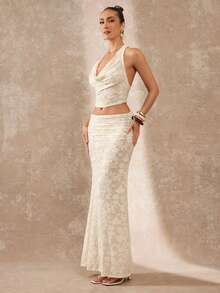 Lumalex 2件套杏色钩针编织深V领露背长裙及沙滩罩衫套装 - 杏色 - 查看 8