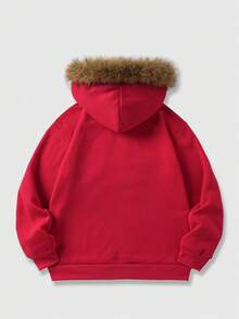 ROMWE MEN Goth Men's Letter & Skull Print Zip-Up Hooded Sweatshirt With Fur Collar - Red - View 2