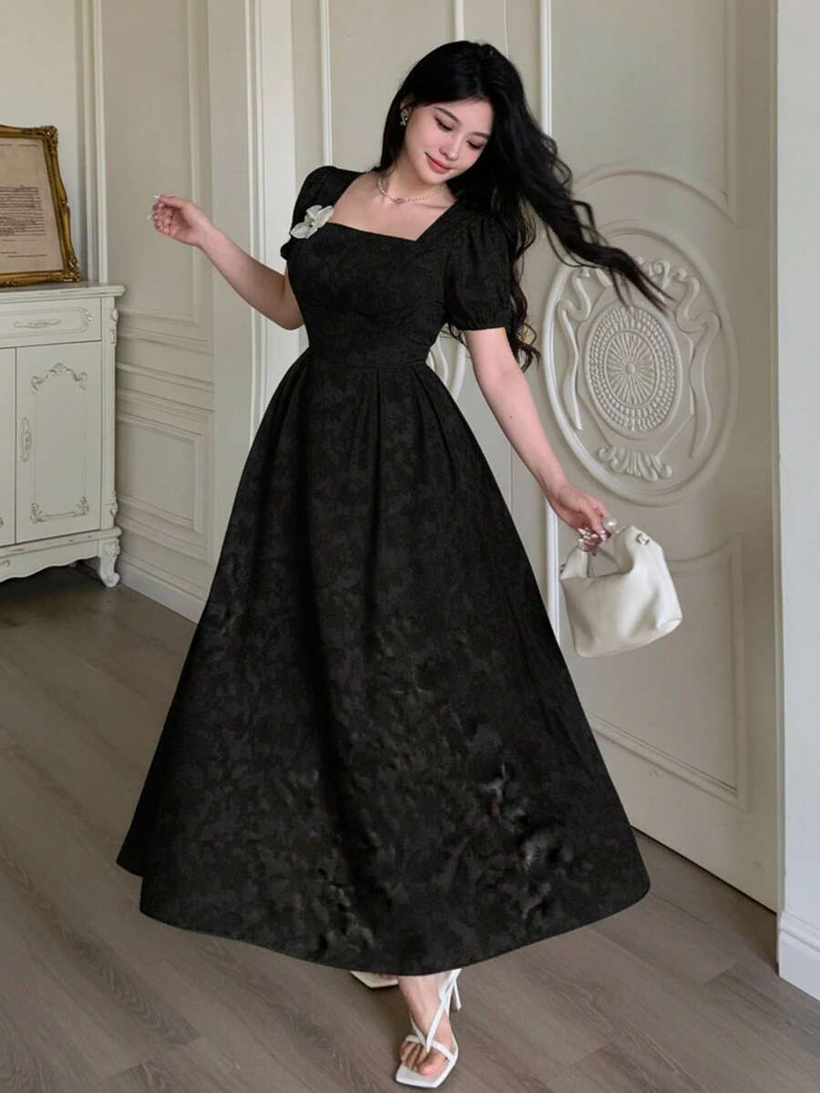 Modelyn 女士天鹅领提花花卉装饰优雅收腰派对短袖连衣裙 - 黑色 - 查看 1