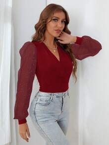 Zolique Autumn New Sexy Slim Metallic Mesh Patchwork Ribbed V-Neck Long Sleeve Bodysuit For Women - Burgundy - View 5