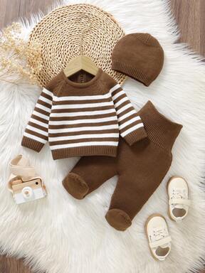 SHEIN 3pcs Newborn Baby Striped Sweater Set, Casual Pullover Sweater, Simple Leggings, And Hat