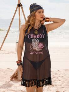 Swim Vcay Áo choàng đi biển không tay họa tiết hoa tua rua cỡ lớn cho nữ - màu đen - Xem 6