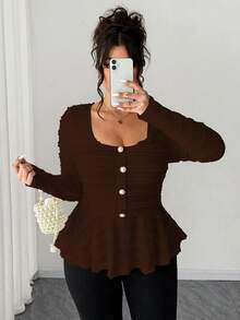 SHEIN Elenzya Plus Size Women's New Spring/Summer/Autumn Casual Commute Travel Shirt, Textured Fabric Asymmetric Hem Bell Sleeve Side Metal Decor Design, Autumn - Brown - View 5