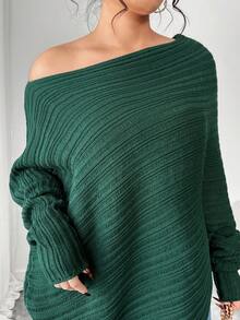 SHEIN Elenzya Áo len chui đầu dáng rộng vai chéo thanh lịch tinh tế cỡ lớn - màu xanh lá - Xem 6
