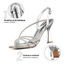 Weide Sandalias de tacón para mujer con tiras tipo diamante, diseño minimalista y punta elegante, tacón bajo estable y suela antideslizante, sandalia elegante mujer para eventos y uso formal - Plateado - Ver 6