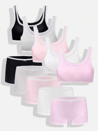 4 Pieces Lace Trim Camisole & Panty Lingerie Set For Teen Girls