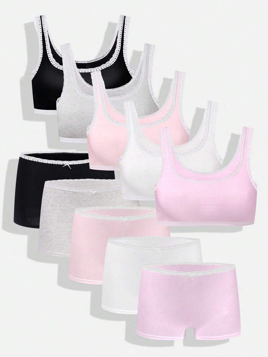 4 Pieces Lace Trim Camisole & Panty Lingerie Set For Teen Girls