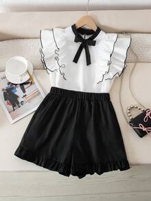 SHEIN Teen Girl Bow Collar Ruffle Trim Blouse And Shorts Set,Soft Comfortable Black And White,Summer,Y2k,Holiday,Back-To-School Tween Clothes For Girls - Black and White - View 1