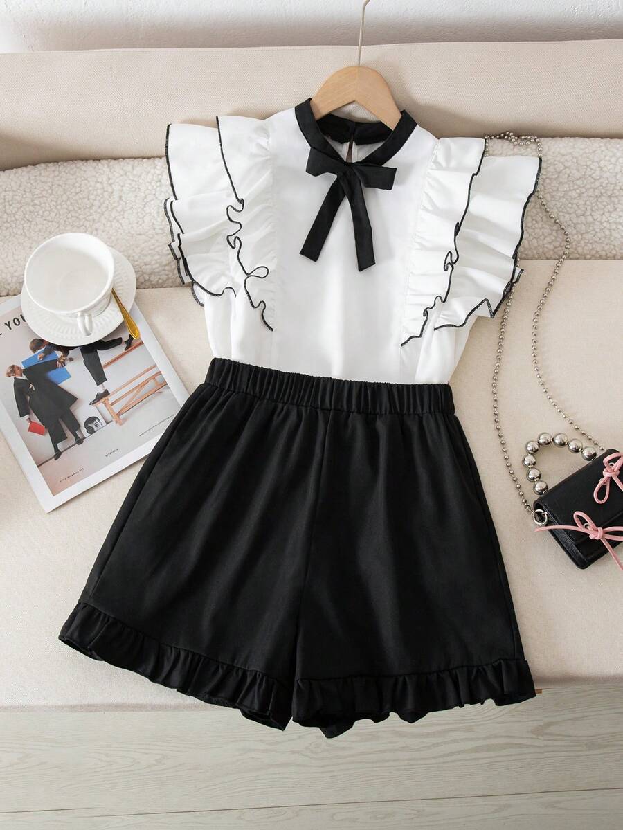 SHEIN Teen Girl Bow Collar Ruffle Trim Blouse And Shorts Set,Soft Comfortable Black And White,Summer,Y2k,Holiday,Back-To-School Tween Clothes For Girls - Black and White - View 1