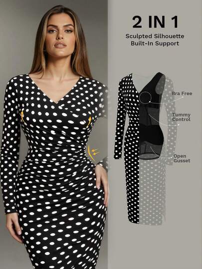 Nuvra 女士长袖波点双层塑身连衣裙，带衬里，收腰提臀，中长款紧身连衣裙