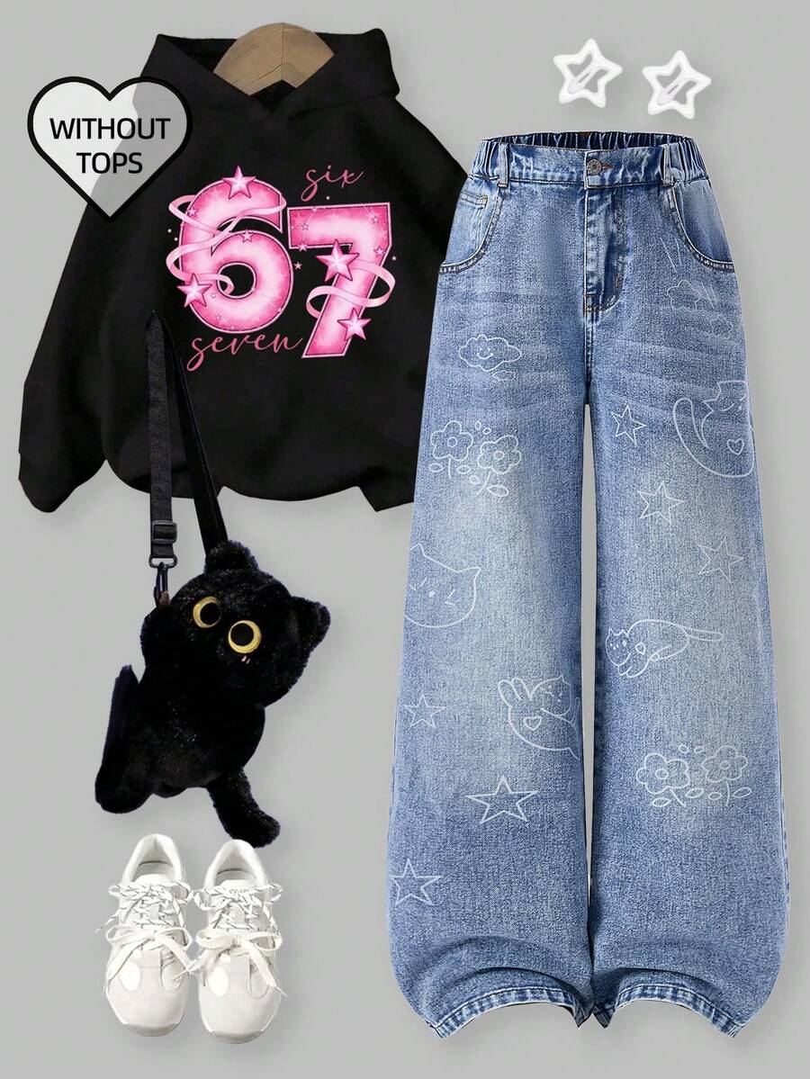 Sparklyn Tween Girls Y2K New Fashion Snowflake Washed Distressed Embroidered Wide-Leg Jeans Cat Lover Clothes Girls Streetwear Cute Cartoon Pattern Girls  Baggy Jeans - Medium Wash - View 1