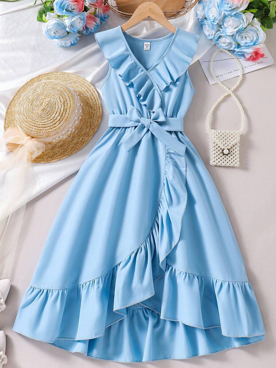 SHEIN Tween Girl V-Neck Ruffle Waist Tie Decor Fashion Party & Holiday Dress - Baby Blue - View 1