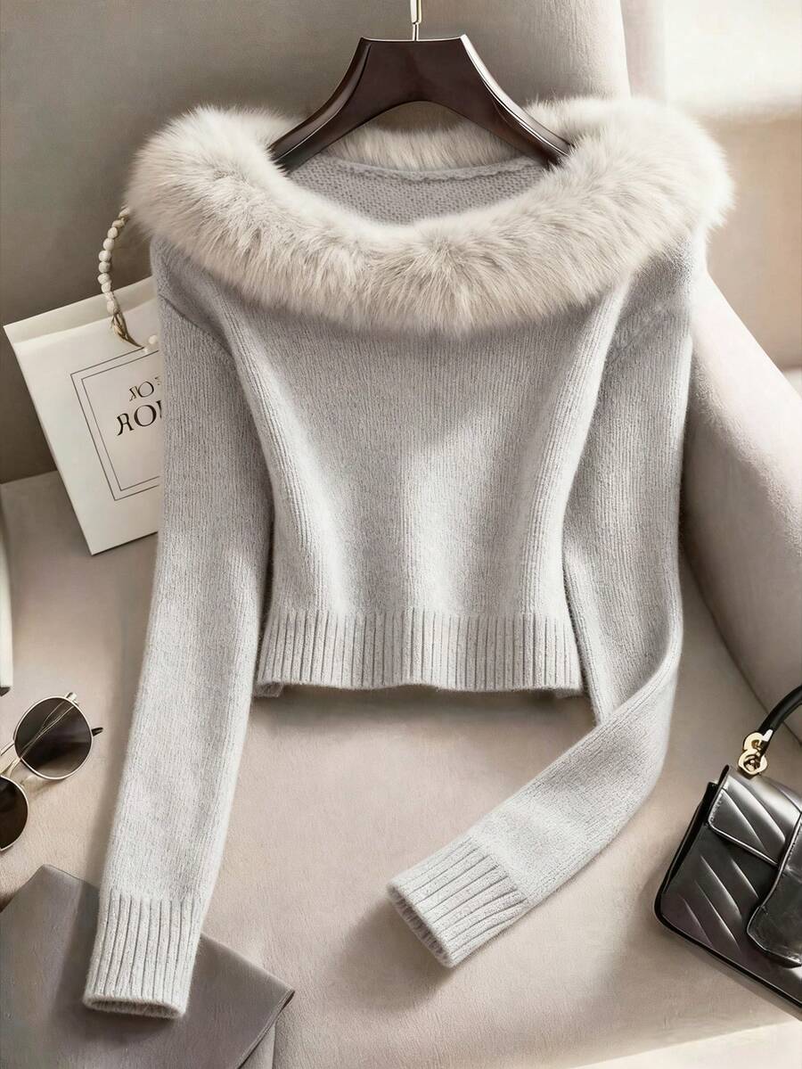 SHEIN Franclia Women's Minimalist Fashion Fur Collar Patchwork Raglan Sleeve Solid Color Knit Pullover Sweater, Autumn/Winter - Light Grey - View 1