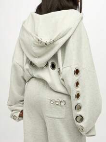 SUMWON Plus Size Oversized Light Grey Hooded Sweatshirt With Metal Eyelet Decoration And Centre Pocket For Casual Fall Winter Comfort