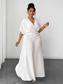 Maweii 大码女式纯色蝙蝠袖V领简约优雅法式连衣裙 - 白色 - 查看 6