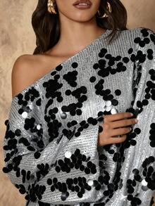 SHEIN Unity 女士亮片装饰宽松不对称肩长袖衬衫 - 黑色 - 查看 5
