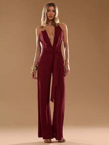 SHEIN BAE Bộ đồ liền thân thời trang đa năng cổ chữ V sâu thiết kế eo cho nữ đi nghỉ và dự tiệc - Màu Đỏ Sâu - Xem 7