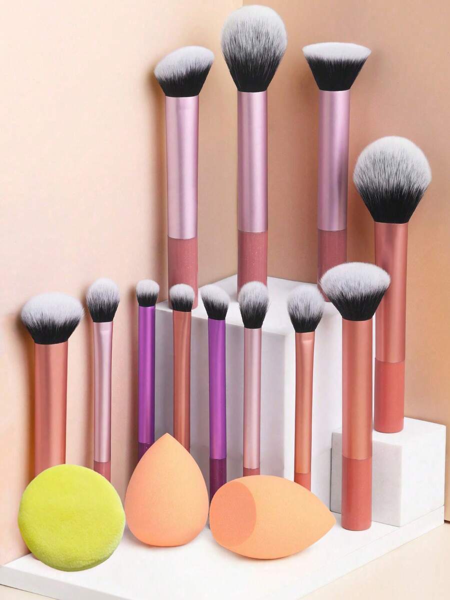 12pcs Multi-Functional Super Soft Makeup Brush Set + Slant & Drop-Shaped Beauty Sponge + 1pc Round/Drop-Shaped Powder Puff For Quick Makeup Application, Beauty Tools - Multicolor - View 1