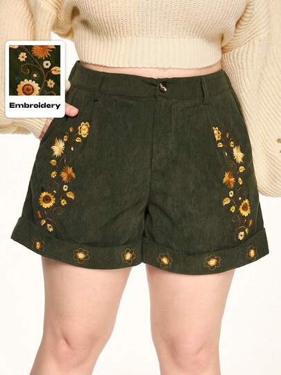 Hippie Pantalones cortos casuales holgados con bordado floral para mujer de talla grande