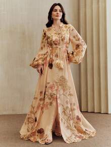 Anewsta Women's Floral Print Ruffle Decor Cinched Waist Maxi Dress, Elegant Casual Long Dress, Spring/Summer Resort Wear, Luxury Abaya Style - Yellow - View 4