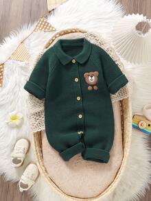 SHEIN Baby Boy Romper, Peter Pan Collar, Embroidered Bear Design, Cute & Adorable - Dark Green - View 4