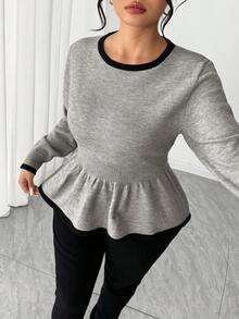 Elenzga 女士休闲圆领荷叶边长袖宽松毛衣，修身大码春季套头衫 - 灰色 - 查看 6