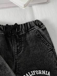 Young Girl Denim Set, Casual Personalized Fashion Denim Hooded Sweatshirt + Loose Pocket Cargo Pants With Belt, Cool Stylish 2 Pieces Outfit, Blue, Suitable For Daily, Casual, Holiday - Black - View 9