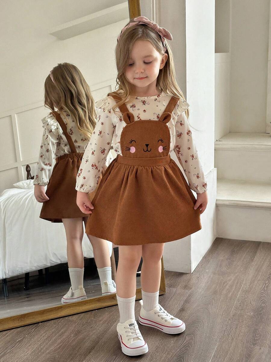 SHEIN Elladie kids 小女童印花荷葉邊襯衫和背帶裙 - 彩色 - 查看 1