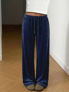 SHEIN Teen Girl Pink, Casual,Knit Loose Fit Trousers For Spring, Summer, Autumn And Winter,Home Wear - Navy Blue - View 5