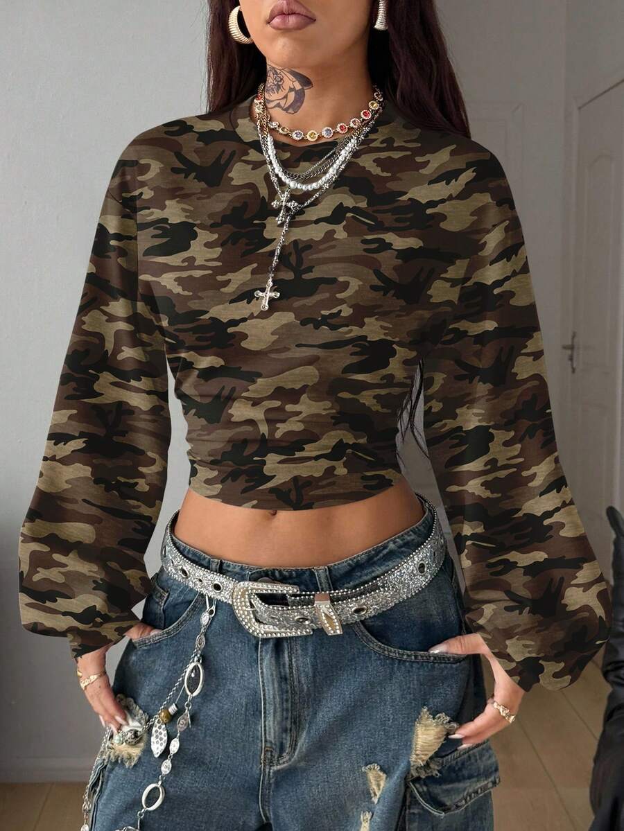 Coolane 女士休闲简约迷彩印花长袖短款卫衣 - 彩色 - 查看 1