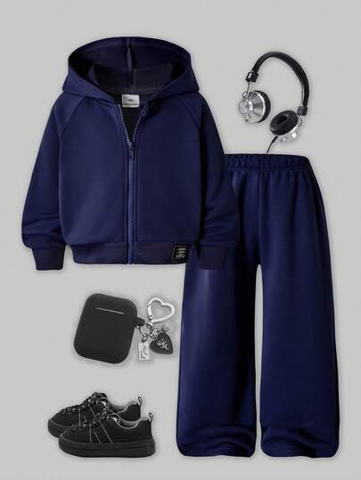 SHEIN ChillGRL Streecool 少女休闲学院风百搭小Logo连帽宽松拉链卫衣和阔腿运动裤套装，适合休闲和运动场合