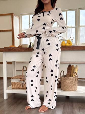 SHEIN Bow Decor Heart Print Slim Fit Long Sleeve Women Pajama Set